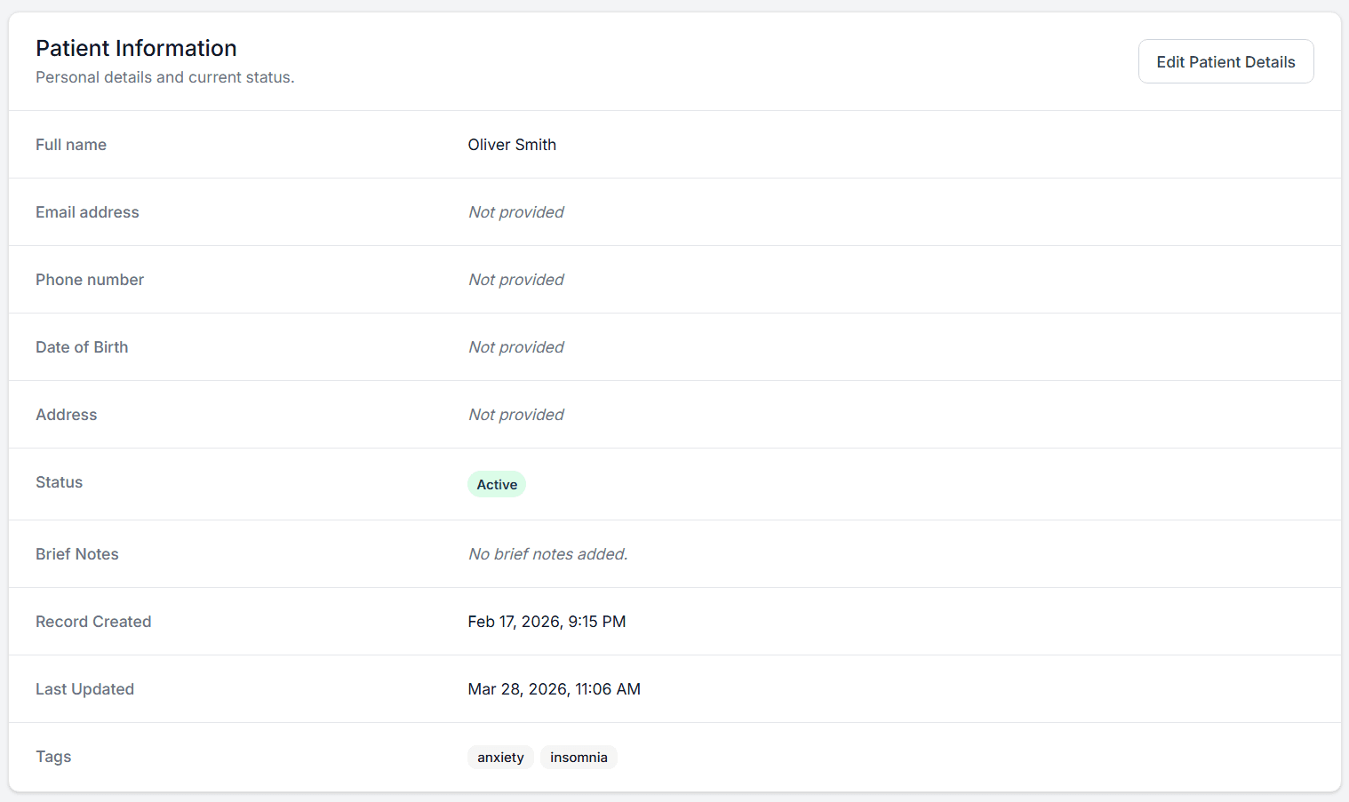 A patient record with context for the next session